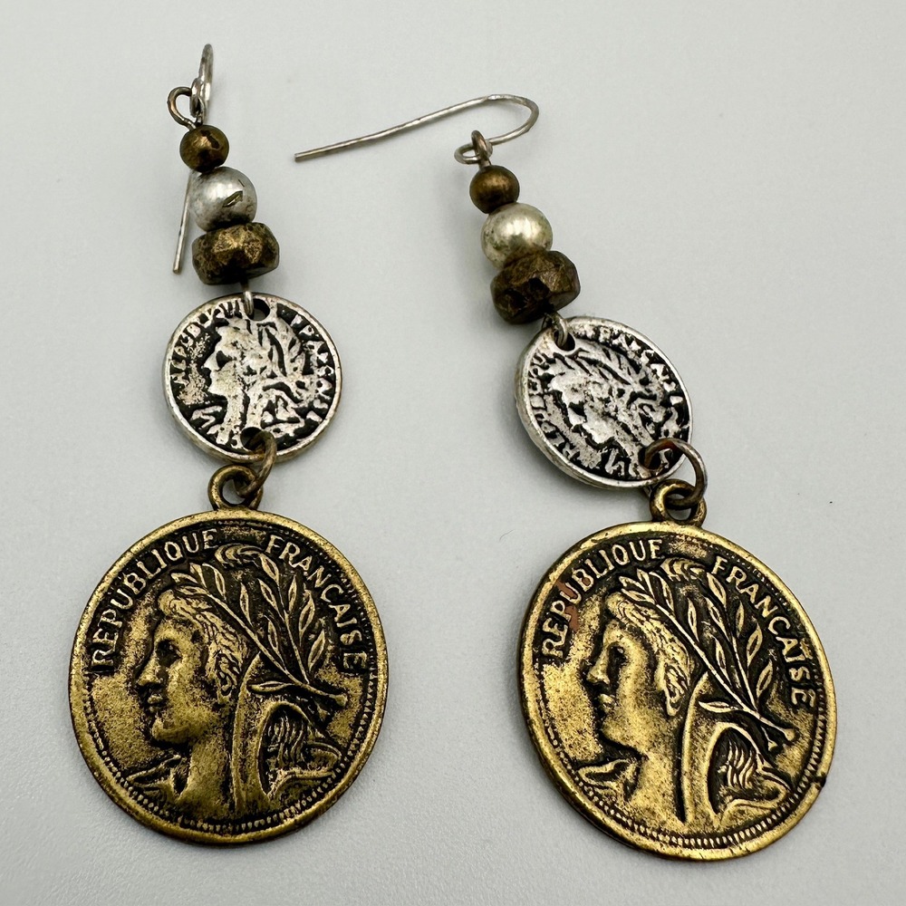 Vintage Style French Coin Drop Earrings Mixed Metal Boho Dangle Republique Franc